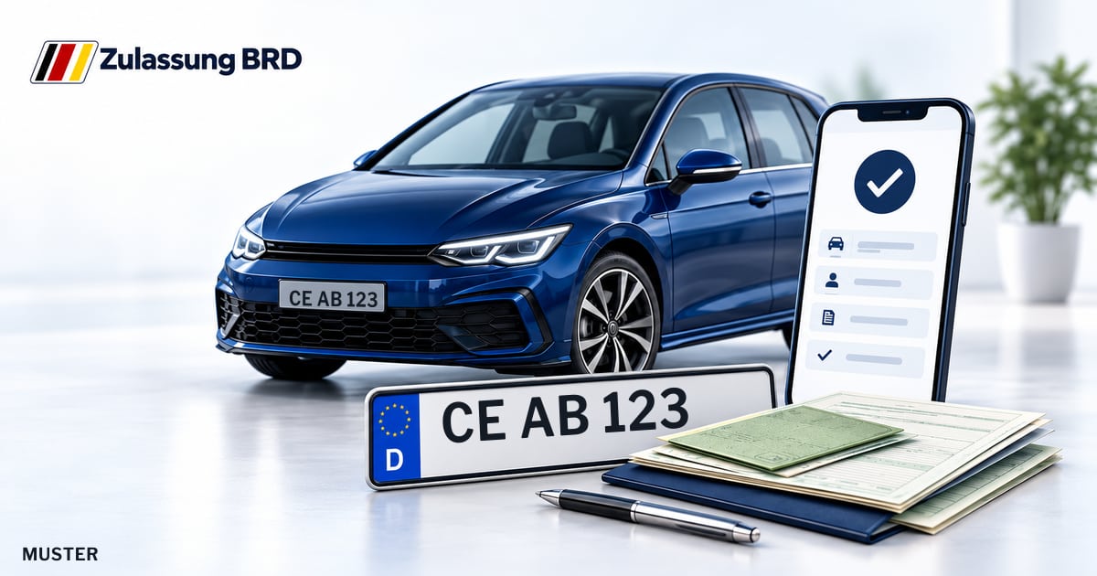 Online Fahrzeugzulassung in Bergen: Musterkennzeichen CE AB 123, Auto und Fahrzeugpapiere und Smartphone. Illustration mit Logo von Zulassung BRD.